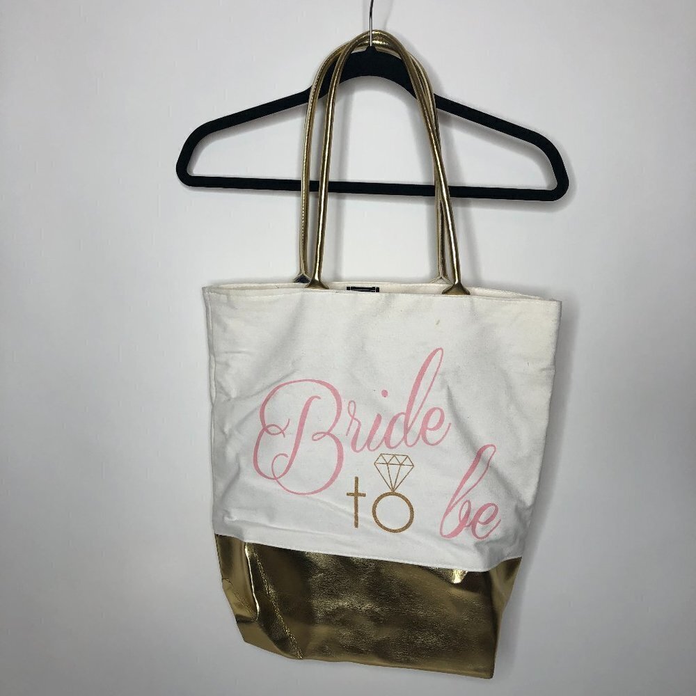 WEDDING Bride “Bride To Be” Cream Gold Foil & Baby Pink Canvas Tote Bag Purse